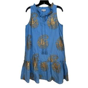 Fitzroy & Willa Blue Gold‎ Sleeveless Dress Women's Size Small Tassels Ruffle